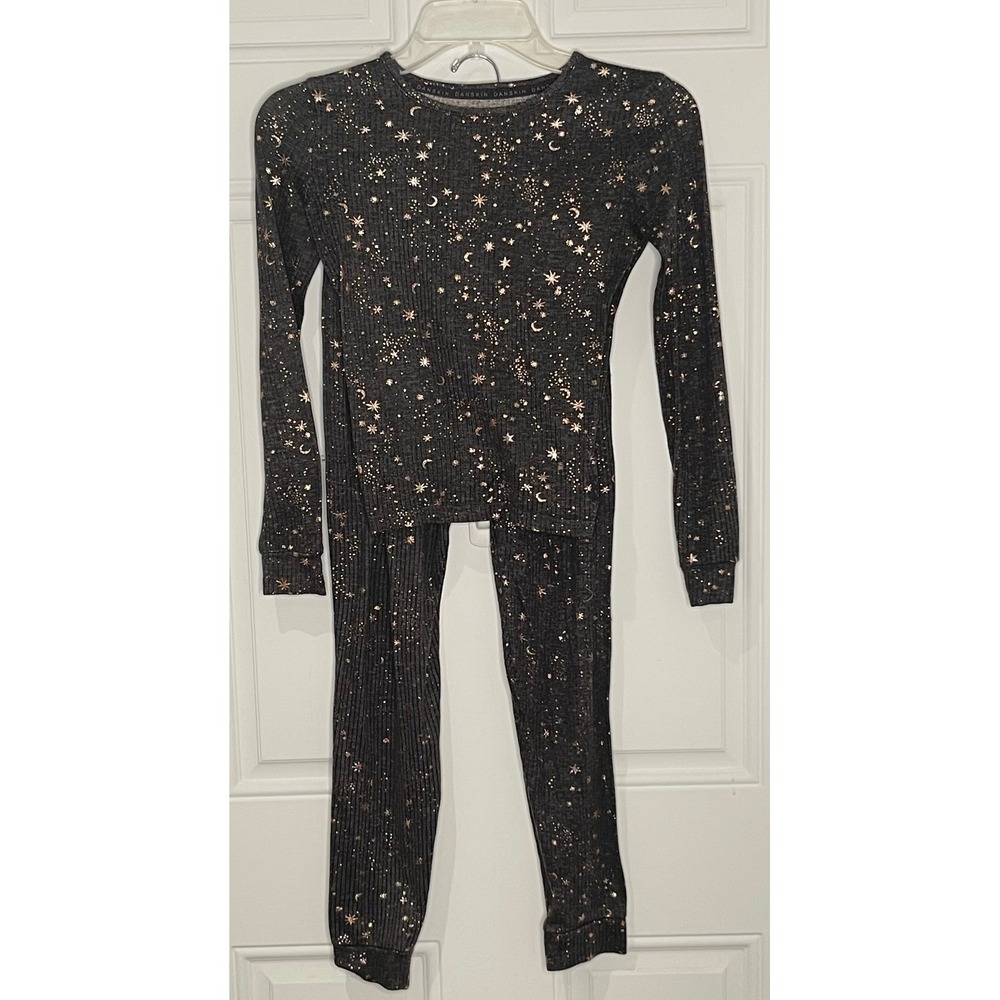Danskin Girls Size 12 Gray Rose Gold Celestial Star Moon Ribbed Pajama Set